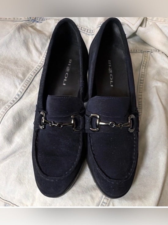 Rizzoli Shoes - RIZZOLI Navy Suede Horsebit Block Heel Pumps Women's Almond size size 40 USA